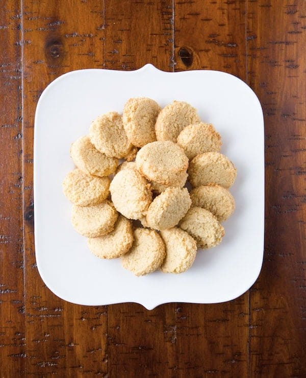 Paleo almond cookies on a white platter.
