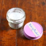 Jar of paleo baking powder. Pink lid is labeled with tape that reads "baking powder".