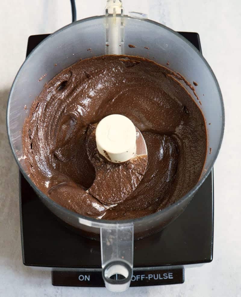 Chocolate almond butter in a food processor.
