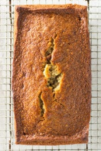 Gluten-free banana bread on wire rack.