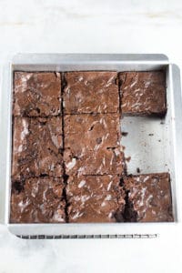 krusteaz gluten free double chocolate brownie mix baked and cut in a pan.