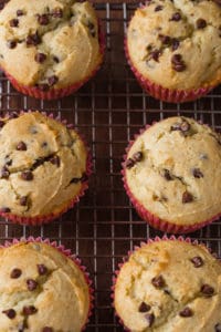 Gluten-free chocolate chip muffins on wire rack.