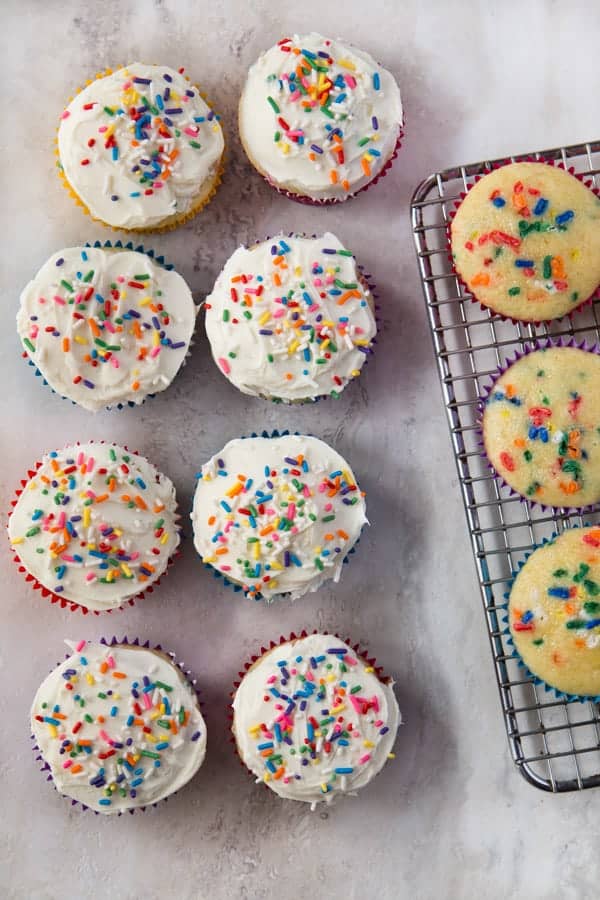 Gluten-Free Funfetti Cupcakes. Topped with Sprinkles.