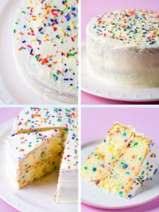 Gluten-free funfetti cake. Frosted with white frosted and finished with sprinkles.