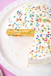 Gluten-free funfetti cake on platter.