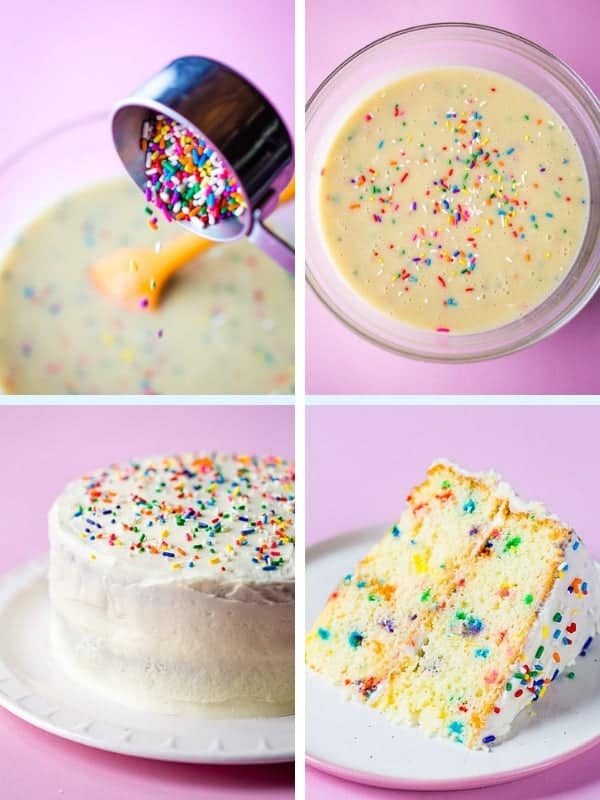 Čtyři obrázky zobrazující míchání bezlepkového dortu funfetti.