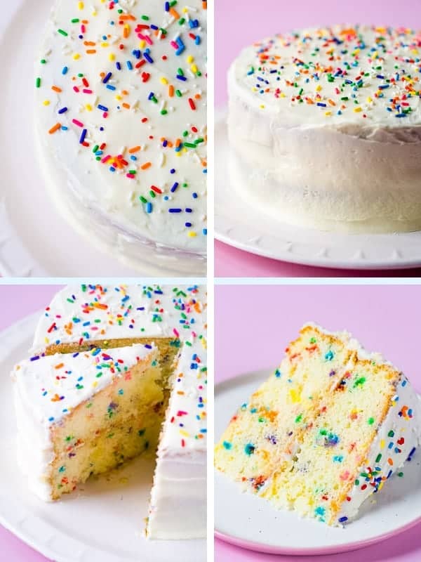 Gluten-free funfetti cake. Frosted with white frosted and finished with sprinkles.