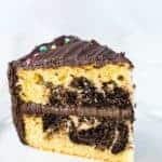 Slice of gluten-free marble cake on plate.