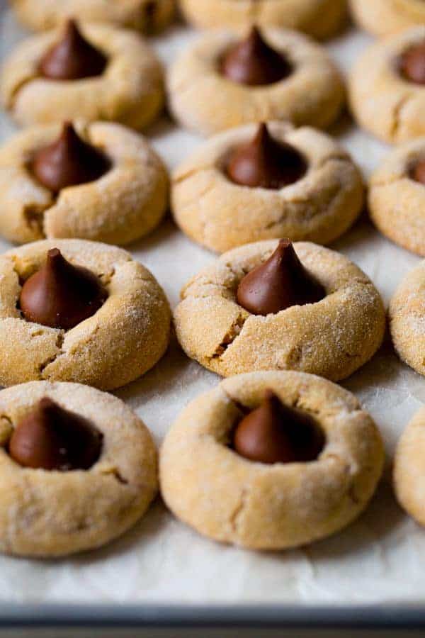 Tray of gluten-free peanut butter blossoms.