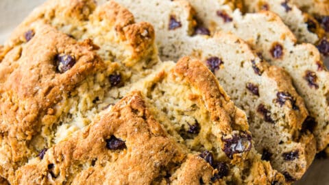 Gluten-free Irish soda bread sliced on a pan.