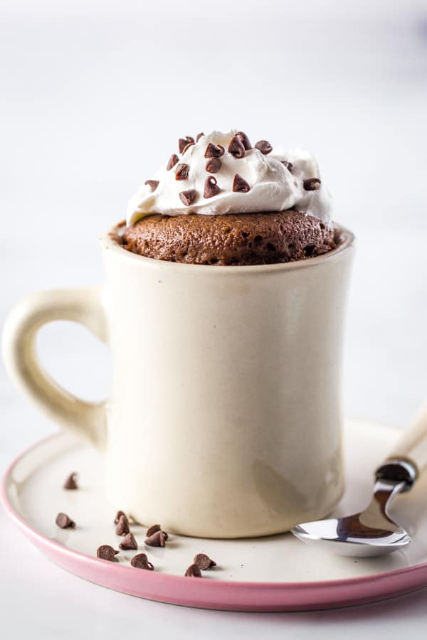 Gluten-Free Chocolate Mug Cake. Topped with Whipped Cream and Mini-Chocolate Chips