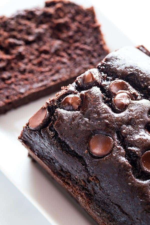 Gluten-Free Chocolate Zucchini Bread, topped with chocolate chips.