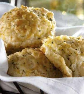 Baked Cheddar Bay Biscuits in a Basket.