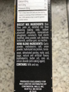 Red Lobster Gluten-Free Cheddar Bay Biscuit Ingredient List on Box.