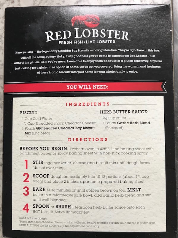 Red Lobster Gluten-Free Cheddar Bay Biscuit Back of Box