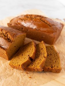 Sliced gluten-free pumpkin bread on brown parchment paper.