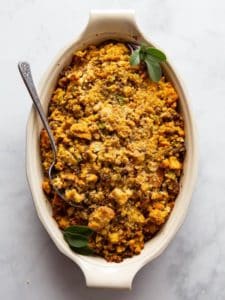 Baked gluten-free cornbread stuffing in a dish.