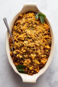 Baked gluten-free cornbread stuffing in a dish.
