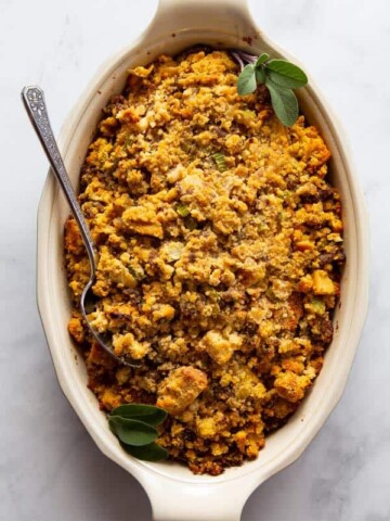 Baked gluten-free cornbread stuffing in a dish.