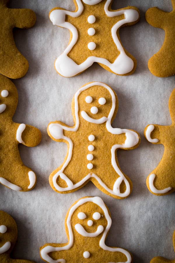 Baked gluten-free gingerbread cookie with icing.