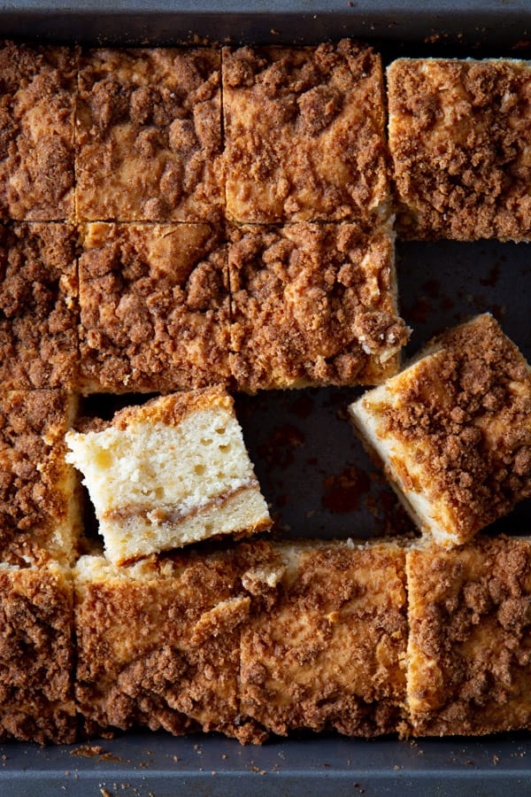 Baked gluten-free coffee cake sliced in a pan.