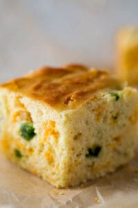 Slice of Jalapeno cornbread on brown parchment paper.