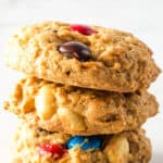 Stack of three gluten-free monster cookies