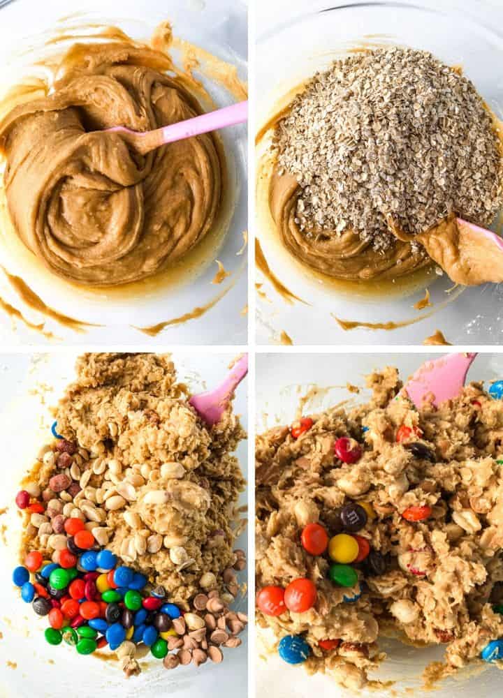 Oats, chocolate chips, butterscotch chips, and peanuts being added to monster cookie dough.