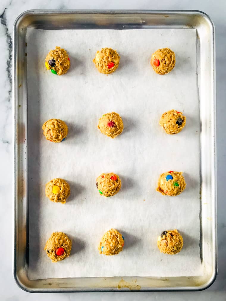 gluten-free monster cookie dough on pan. 