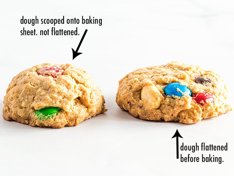 Gluten-free monster cookies. Scooped dough vs flattened.