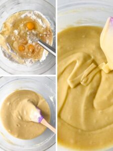 Gluten-free yellow cake batter being mixed.