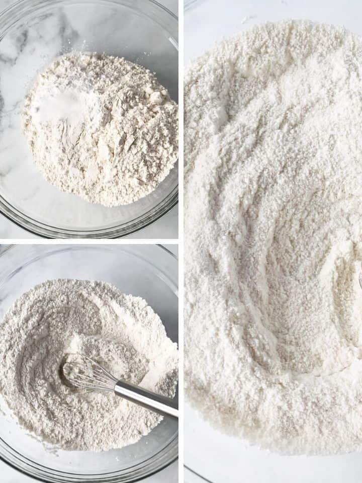 Three images of gluten-free flour being whisked in a glass bowl. 