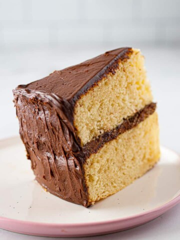 Slice of gluten-free yellow cake with chocolate frosting