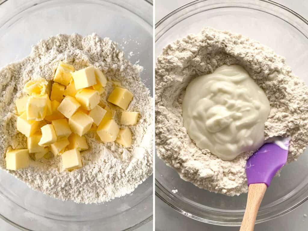 (Left) Gluten-free flour and cubes of butter in a bowl. (right) Gluten-free flour and yogurt in a bowl with a purple spatula.