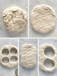 Five images showing how to cut out gluten-free biscuit dough.