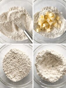 Four images showing the first four steps of making gluten-free biscuits.