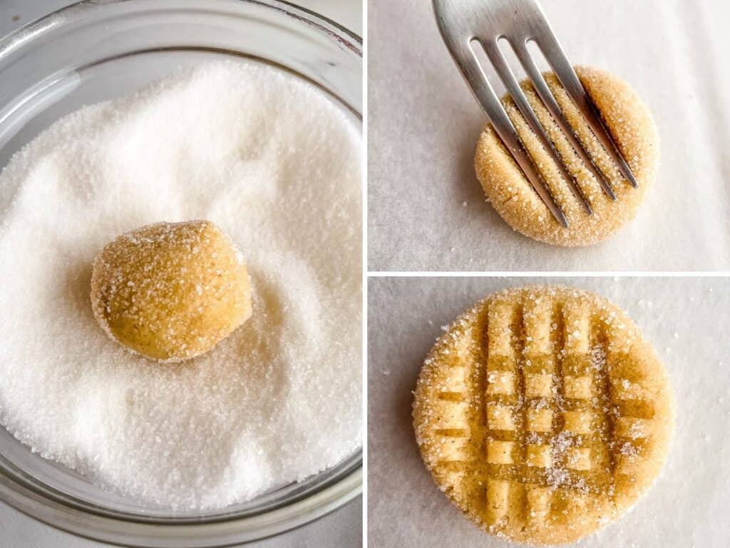 (left) Gluten-free peanut butter dough rolled in sugar. (Top right) Fork pressing lines into cookie. (Bottom right) Cookie with crisscross and sugar.