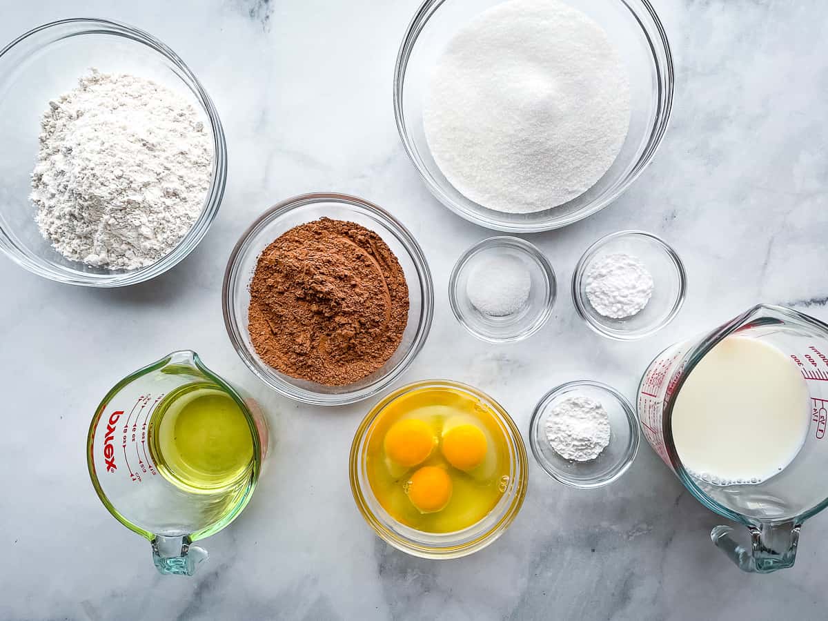 Gluten-free chocolate cake ingredients in bowls and measuring cups.