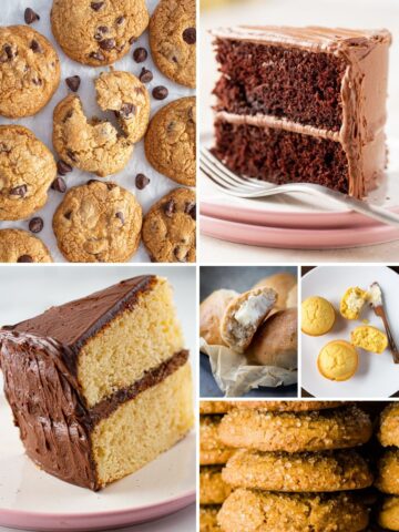 Collage of gluten-free baked goods. Chocolate chip cookies. Chocolate cake. Yellow cake. Soft rolls. Corn muffins. Molasses cookies.