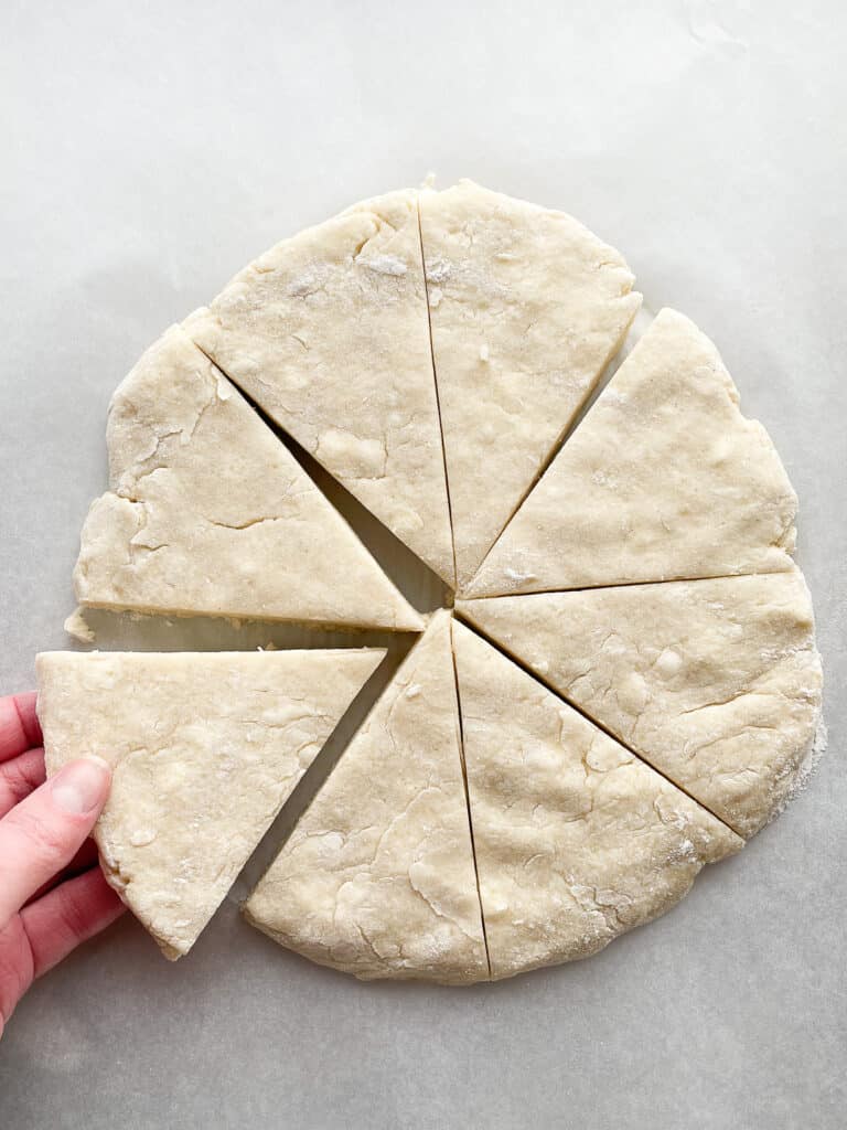 Gluten-free scone dough cut into wedges.