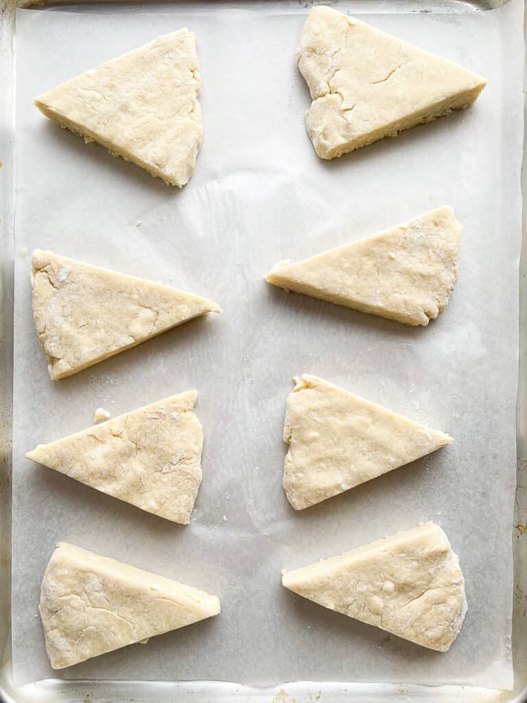 Gluten-free scones cut on a baking sheet. Scones are not baked.