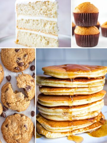 Clockwise from left: gluten-free white cake, banana muffins, almond flour pancakes, chocolate chip cookies.