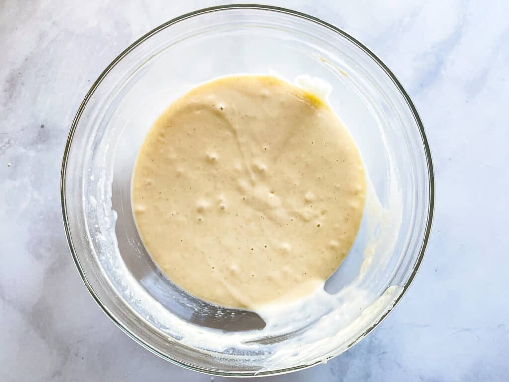 Gluten-free pancake batter in a glass bowl.