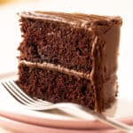 Gluten-free chocolate cake slice on a plate.