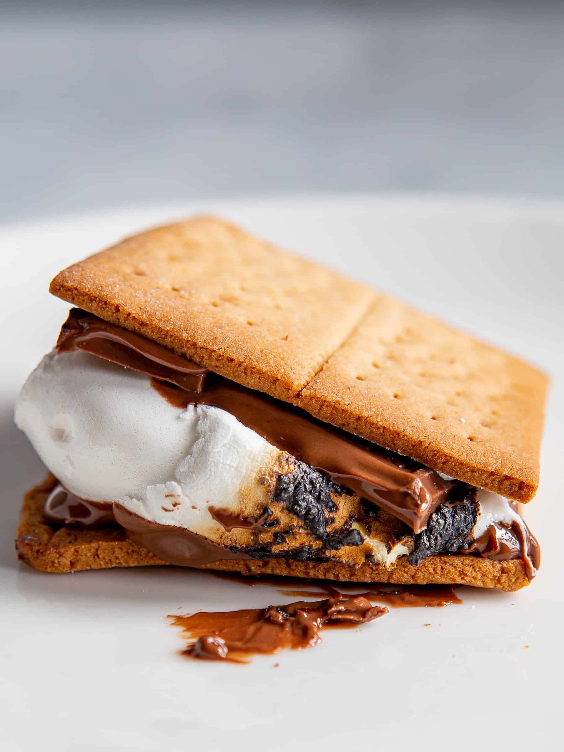 Gluten-free graham cracker used as the base for a s'more. A toasted marshmallow and chocolate are sandwiched between the graham crackers.