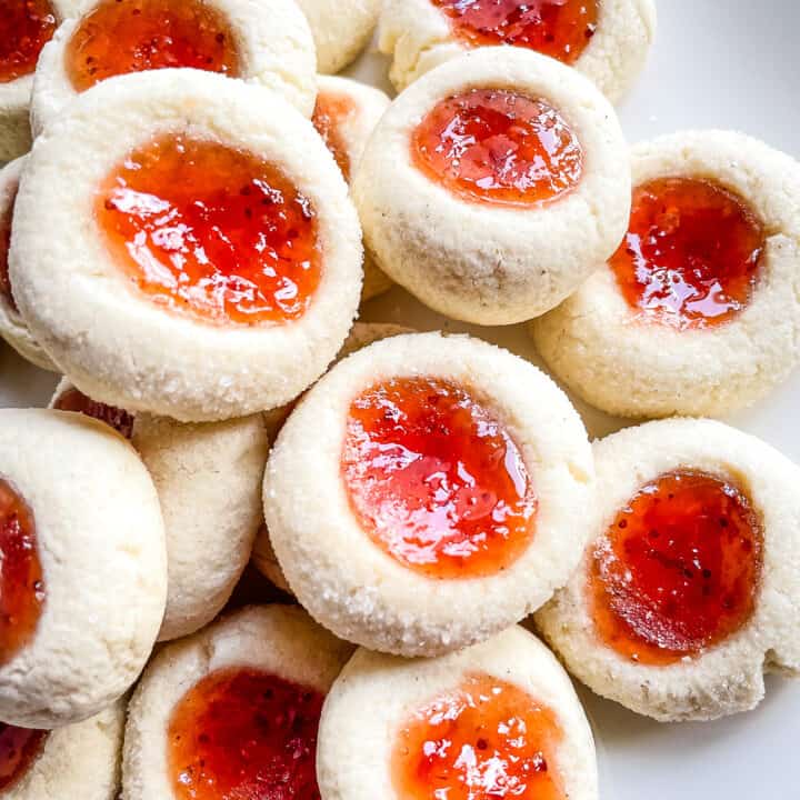 Plate of gluten-free thumbprint cookies.