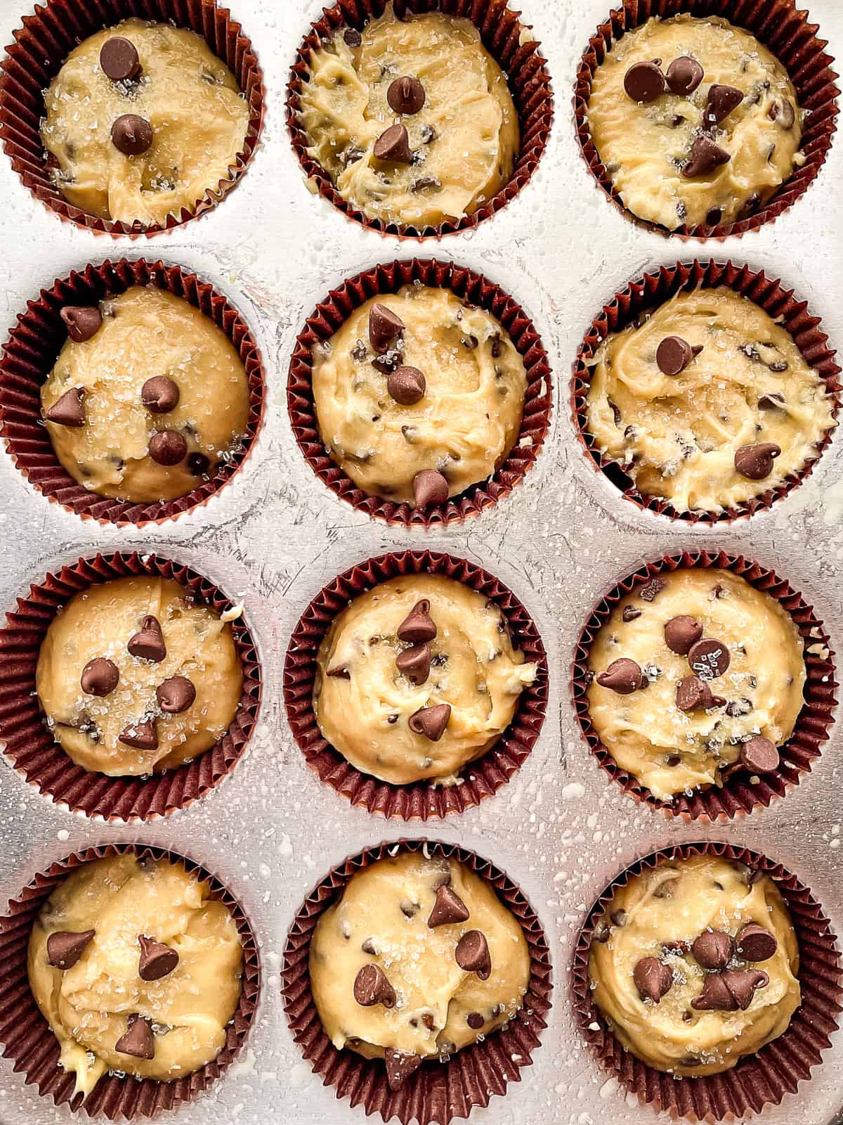 Gluten-free chocolate chip muffin batter in a pan.