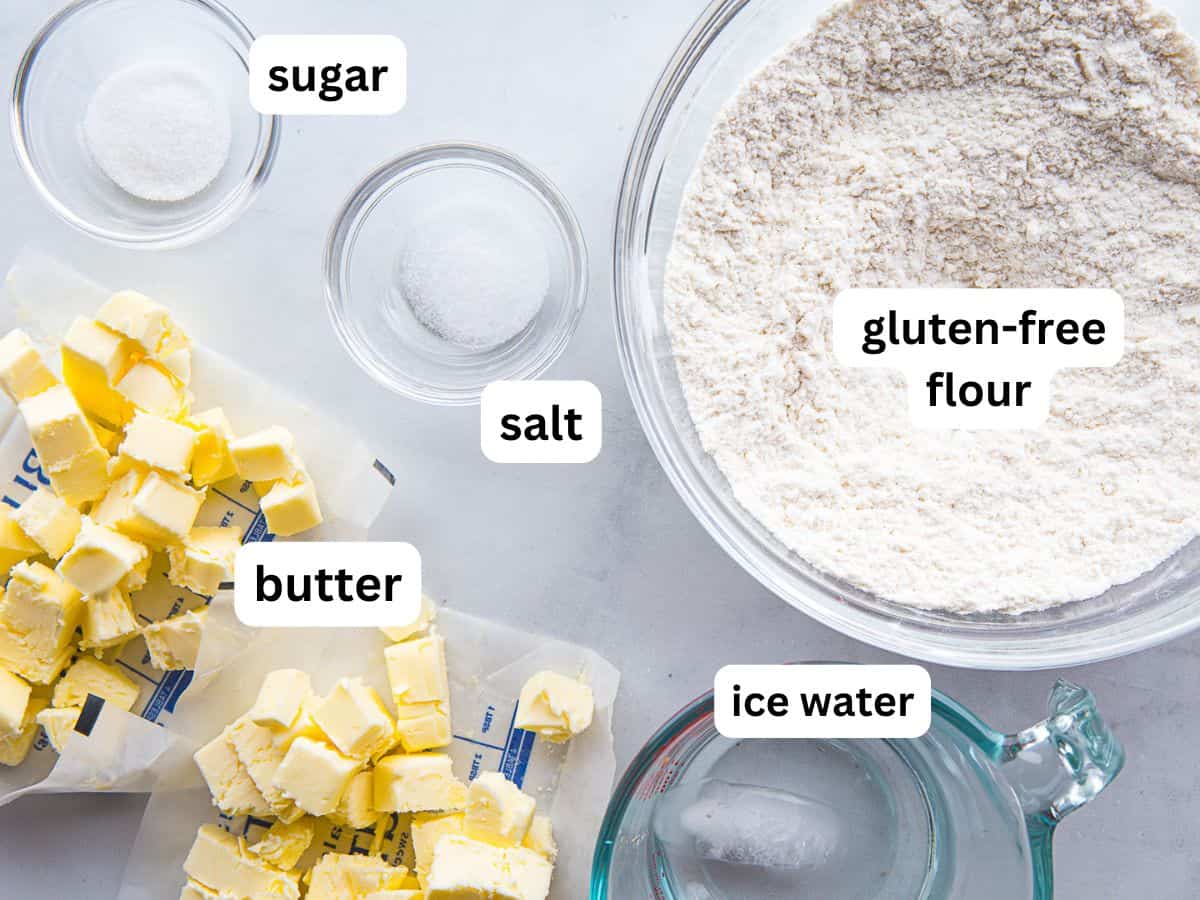 Ingredients for gluten-free pie dough measured on the counter.