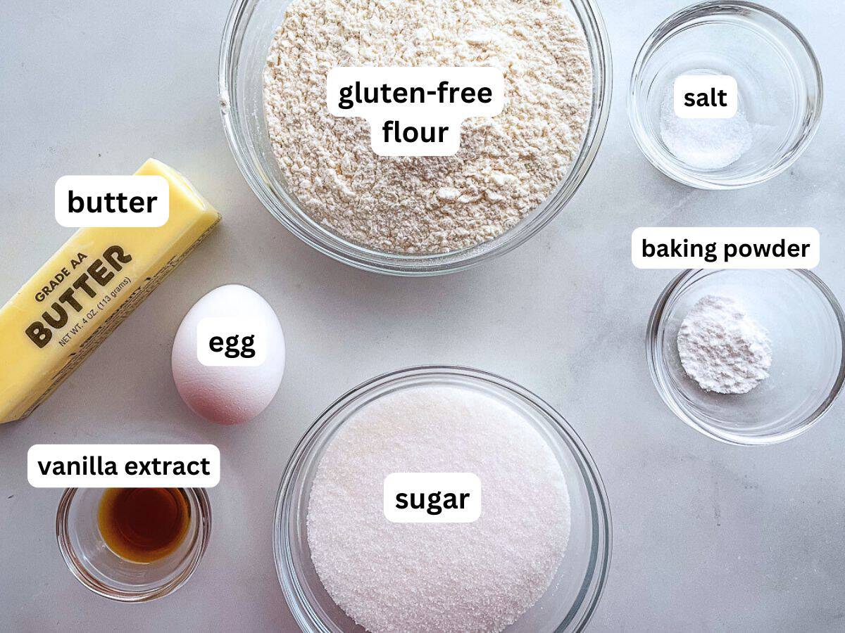 Ingredients for gluten-free sugar cookies measured and placed on the counter.