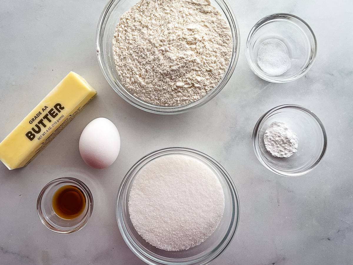 Ingredients for gluten-free sugar cookies on the counter.